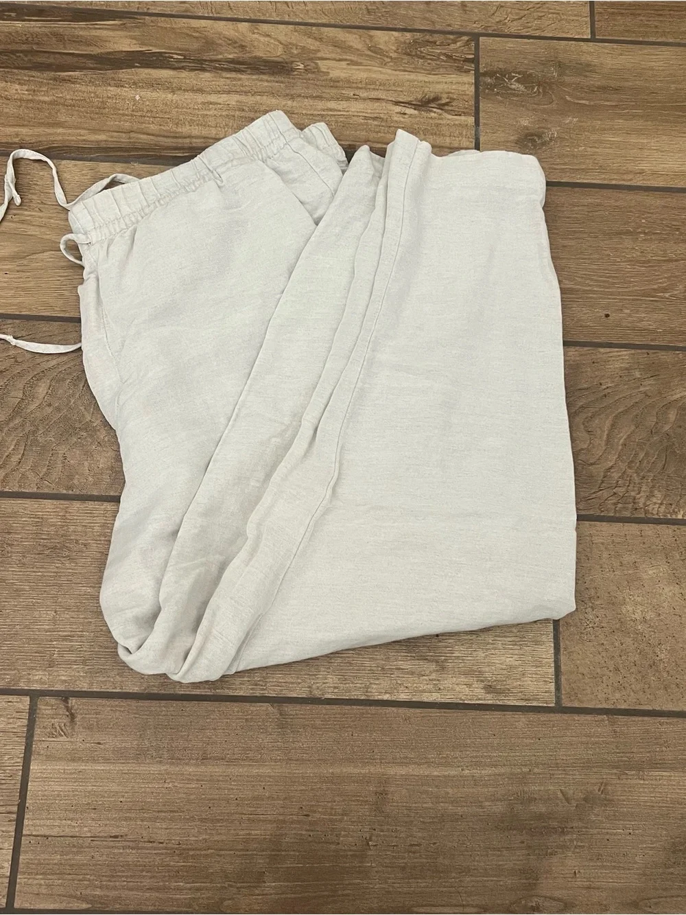 H&M Women's sz L White Linen Blend Drawstring Wide Leg Pants High Rise‎ Summer